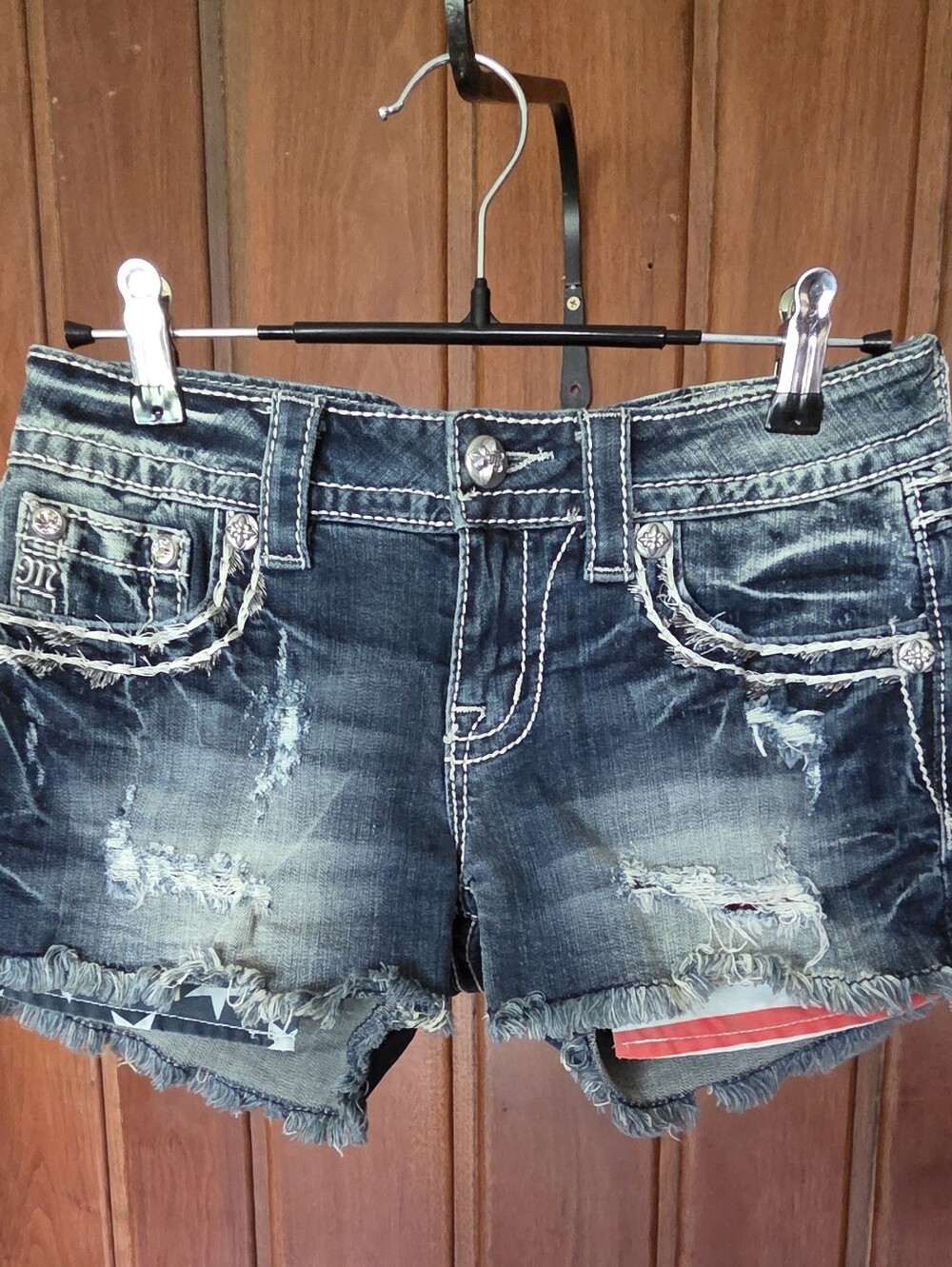 Miss Me Size 26 Dark Blue Denim Shorts with Embroidered Contrast Stitching